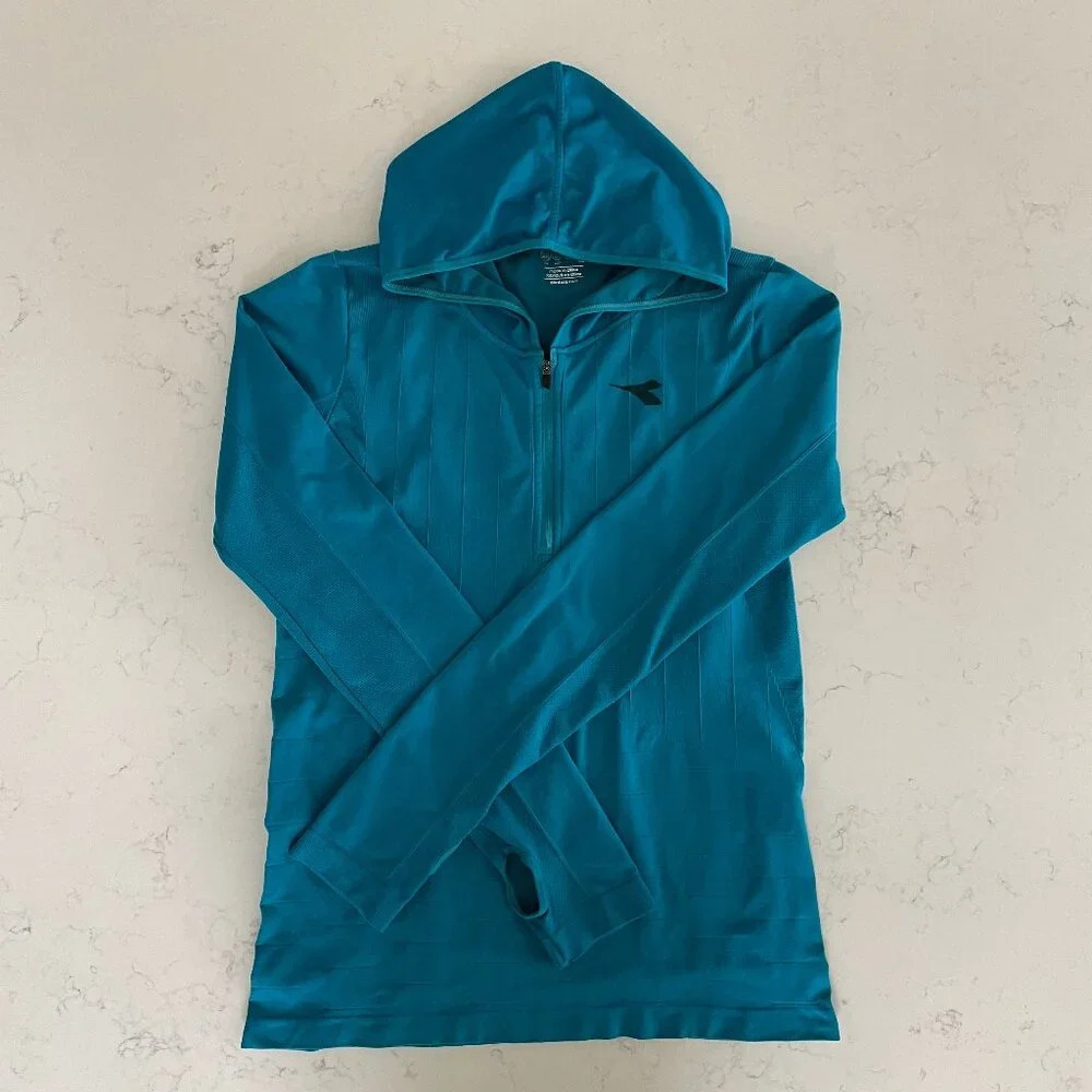 Diadora Activewear LS 1/4 Zip Polyamide Elastane Hooded Top Turquoise Sz M/L